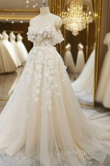 Off Shoulder Light Champagne Tulle Lace Long Evening Prom Dresses, Light Champagne Lace Formal Evening Dresses A1583