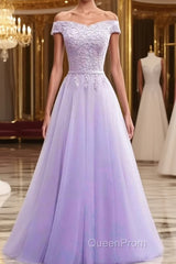 Off Shoulder Light Purple Lace Long Evening Prom Dresses, Off the Shoulder Lilac Lace Formal Dresses, Purple Evening Dresses