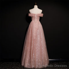 Off Shoulder Pink Tulle Long A-line Prom Dress with Beadings, Pink Long Party Dress Evening Dress