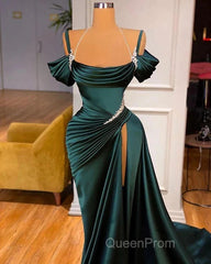 Off Shoulder Satin Green Slit Beading Mermaid Evening Prom Dresses