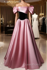 Off Shoulder Satin Scoop A-Line Long Party Dresses, Pink And Black Evening Prom Dresses Evening Dresses