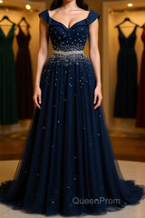 Off Shoulder Sequins Dark Blue Long Evening Prom Dresses, Dark Blue Formal Dresses, Off Shoulder Evening Dresses