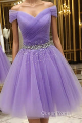 Off Shoulder Sequins Lilac Short Evening Prom Dresses Homecoming Dresses, Off Shoulder Lilac Lavender Formal Graduation Evening Dresses