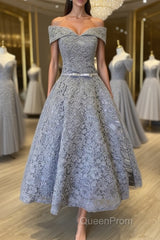 Off Shoulder Tea Length Gray Lace Evening Prom Dresses, Off the Shoulder Gray Homecoming Dresses, Gray Lace Formal Evening Dresses