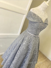 Off Shoulder Tea Length Gray Lace Evening Prom Dresses, Off the Shoulder Gray Homecoming Dresses, Gray Lace Formal Evening Dresses