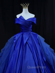 Off Shoulder Tulle Satin Blue Long Evening Prom Gown, Blue Long Evening Dresses