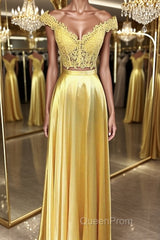 Off Shoulder Two Pieces Lace Yellow Long Evening Prom Dresses, Off the Shoulder Yellow Lace Formal Dresses, Two Pieces Yellow Lace Evening Dresses