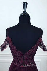 Off Shoulder Two Pieces Purple Lace Long Evening Prom Dresses, 2 Pieces Purple Formal Dresses, Purple Lace Evening Dresses