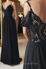 Off Shoulder V Neck Black Long Evening Prom Dresses with Lace Back, Off the Shoulder Black Formal Dresses, Black Lace Evening Dresses