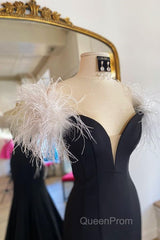 Off Shoulder V Neck Mermaid Black Long Evening Prom Dresses, Mermaid Black Formal Dresses, Black Evening Dresses