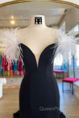 Off Shoulder V Neck Mermaid Black Long Evening Prom Dresses, Mermaid Black Formal Dresses, Black Evening Dresses