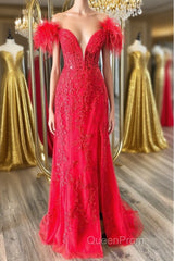 Off Shoulder V Neck Mermaid Red Lace Long Evening Prom Dresses with High Slit, Mermaid Red Formal Dresses, Red Lace Evening Dresses