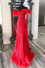 Off Shoulder V Neck Mermaid Red Lace Long Evening Prom Dresses with High Slit, Mermaid Red Formal Dresses, Red Lace Evening Dresses