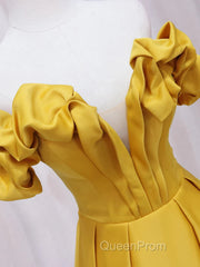 Off Shoulder V Neck Yellow Satin Long Evening Prom Dresses, Off The Shoulder Yellow Formal Dresses, Yellow Evening Dresses