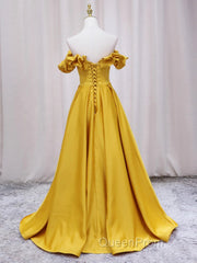 Off Shoulder V Neck Yellow Satin Long Evening Prom Dresses, Off The Shoulder Yellow Formal Dresses, Yellow Evening Dresses