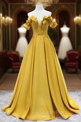 Off Shoulder V Neck Yellow Satin Long Evening Prom Dresses, Off The Shoulder Yellow Formal Dresses, Yellow Evening Dresses
