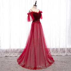 Off Shoulder Wine Red Velvet and Tulle Party Dress, A-line Tulle Floor Length Prom Dress