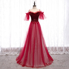 Off Shoulder Wine Red Velvet and Tulle Party Dress, A-line Tulle Floor Length Prom Dress