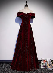 Off Shoulder Wine Red Velvet Long Party Dress, A-line Wine Red Evening Dress