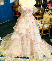 Off the Shoulder A-line Floral Wedding Dress with Ruffle Skirt