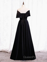 Off the Shoulder Black Long Evening Prom Dresses with Corset Back, Black Off the Shoulder Formal Evening Dresses