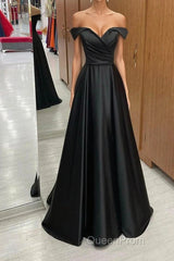 Off the Shoulder Black Satin Long Evening Prom Dresses, Black Off Shoulder Formal Evening Dresses