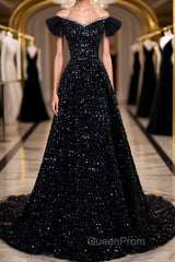 Off the Shoulder Black Sequin Evening Prom Dresses, Black Long Formal Evening Dresses