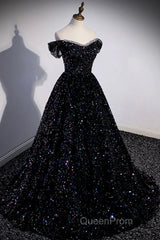 Off the Shoulder Black Sequin Evening Prom Dresses, Black Long Formal Evening Dresses