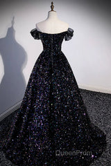 Off the Shoulder Black Sequin Evening Prom Dresses, Black Long Formal Evening Dresses