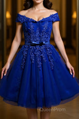 Off the Shoulder Blue Lace Evening Prom Dresses, Off Shoulder Blue Homecoming Dresses, Short Blue Lace Formal Evening Dresses