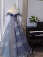 Off The Shoulder Blue Tulle A Line Long Evening Prom Dresses