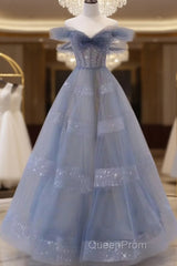 Off The Shoulder Blue Tulle A Line Long Evening Prom Dresses