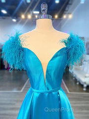 Off The Shoulder Blue V Neck Evening Prom Dresses, Blue V Neck Long Formal Evening Dresses