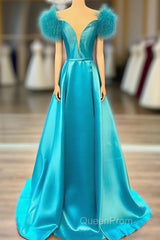 Off The Shoulder Blue V Neck Evening Prom Dresses, Blue V Neck Long Formal Evening Dresses