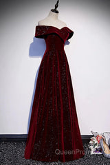 Off The Shoulder Burgundy Long Evening Prom Dresses, Burgundy Off Shoulder Long Formal Evening Dresses