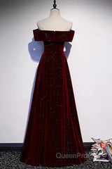 Off The Shoulder Burgundy Long Evening Prom Dresses, Burgundy Off Shoulder Long Formal Evening Dresses