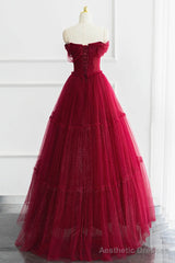 Off the Shoulder Burgundy Tulle Long Prom Dresses, Wine Red Long Tulle Formal Evening Dresses