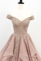 Off the Shoulder Champagne Lace Evening Prom Dresses, Off Shoulder Champagne Lace Formal Evening Dresses