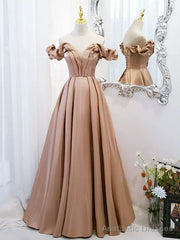 Off the Shoulder Champagne Satin Prom Dresses, Champagne Long Formal Evening Dresses