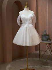 Off the Shoulder Champagne Tulle Prom Dress, Short Formal Homecoming Dress