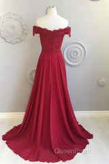Off The Shoulder Floor Length Burgundy Lace Evening Prom Dresses, Burgundy Off Shoulder Lace Bridesmaid Dresses