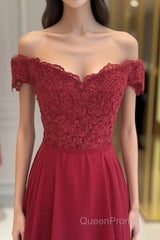 Off The Shoulder Floor Length Burgundy Lace Evening Prom Dresses, Burgundy Off Shoulder Lace Bridesmaid Dresses
