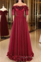 Off The Shoulder Flowers Burgundy Tulle Long Evening Prom Dresses