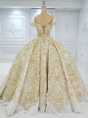 Off the shoulder Golden Lace Appliques Formal Ball Gown Wedding Dresses