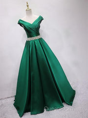 Off the Shoulder Green Long Evening Prom Dresses with Corset Back, Off Shoulder Long Green Formal Evening Dresses