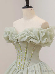 Off the Shoulder Green Tulle Beaded Prom Dresses, Green Beaded Off Shoulder Formal Evening Dresses