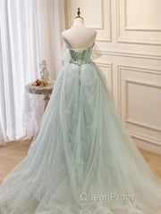 Off The Shoulder Green Tulle Long Evening Prom Dresses, Green Long Formal Evening Dresses