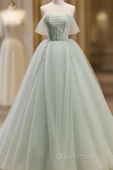 Off The Shoulder Green Tulle Long Evening Prom Dresses, Green Long Formal Evening Dresses