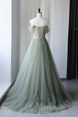 Off the Shoulder Green Tulle Long Evening Prom Dresses, Green Tulle Off Shoulder Formal Evening Dresses