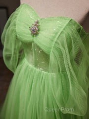 Off The Shoulder Green Tulle Long Evening Prom Dresses, Off Shoulder Green Long Formal Graduation Dresses